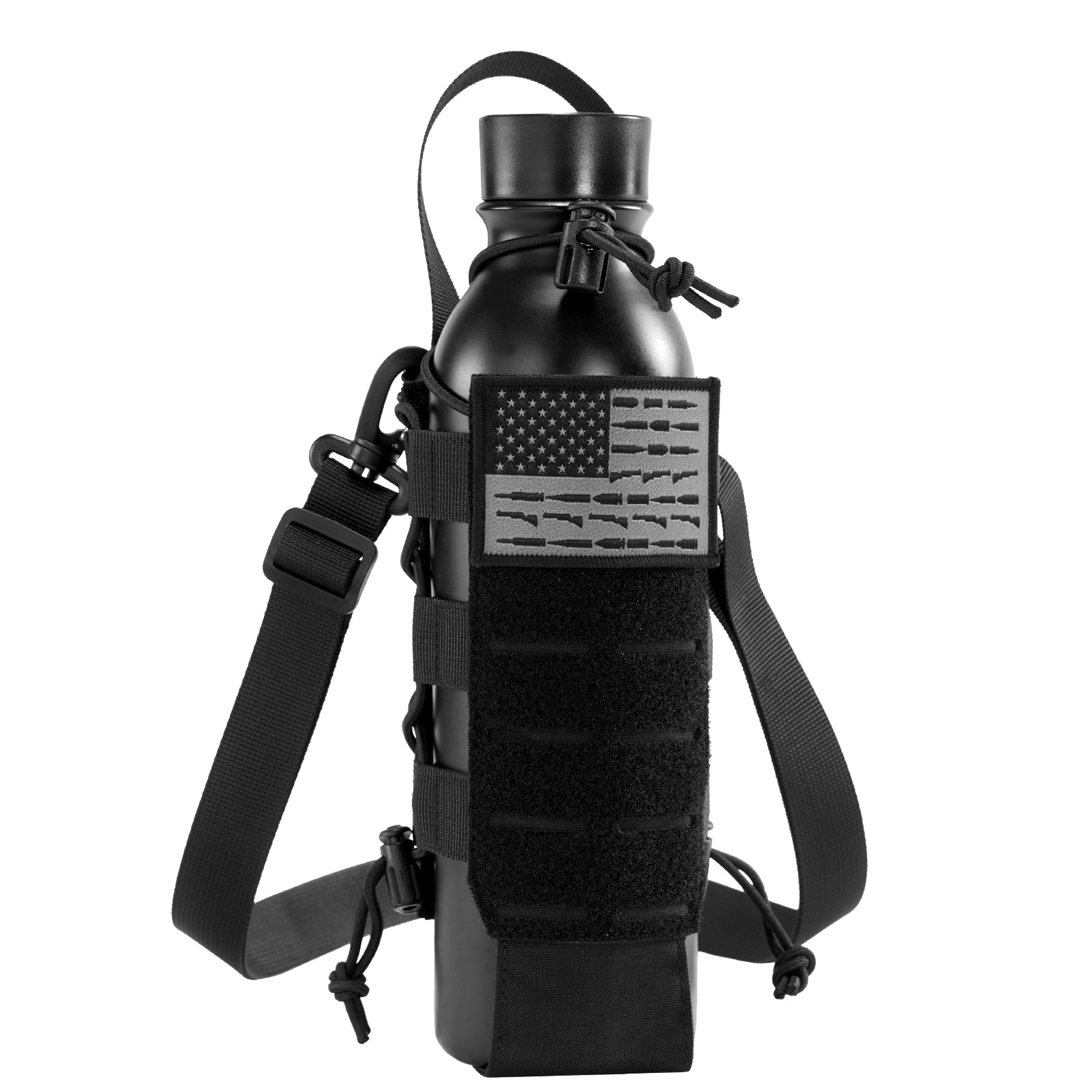 Black water bottle with tactical pouch and American flag patch on a white background